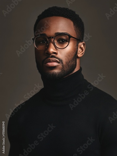 Stylish young African American man in a studio wearing a sleek black turtleneck and modern glasses, exuding elegance and confidence with a neutral background