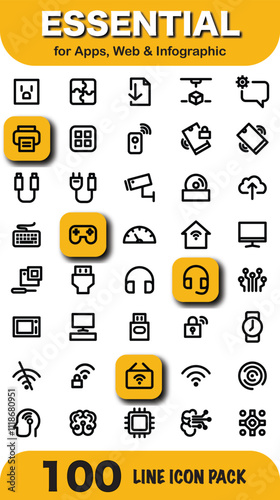 Essential Vector icon set for web design, featuring symbols for business, technology, media, and more
