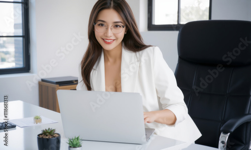 business woman sitting at desk with laptop, smiling confidently. modern office setting features stylish chair and small plant, creating professional atmosphere