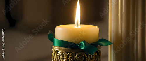 Closeupofornategoldandgreenribboncurlingaroundapillarcandle photo