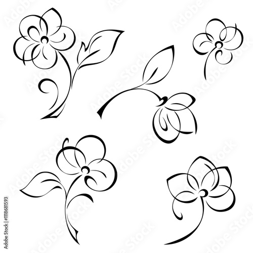 stylized flowers of the same family on a short stem with a leaf; graphic decor, set