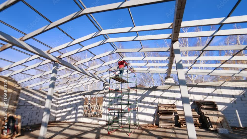 Man in red jacket stands on the scaffolding using instrument. Builder installs the frame for the future roof. Low angle view. Man in red jacket stands on the scaffolding using instrument. Builder installs the frame for the future roof. Low angle view.