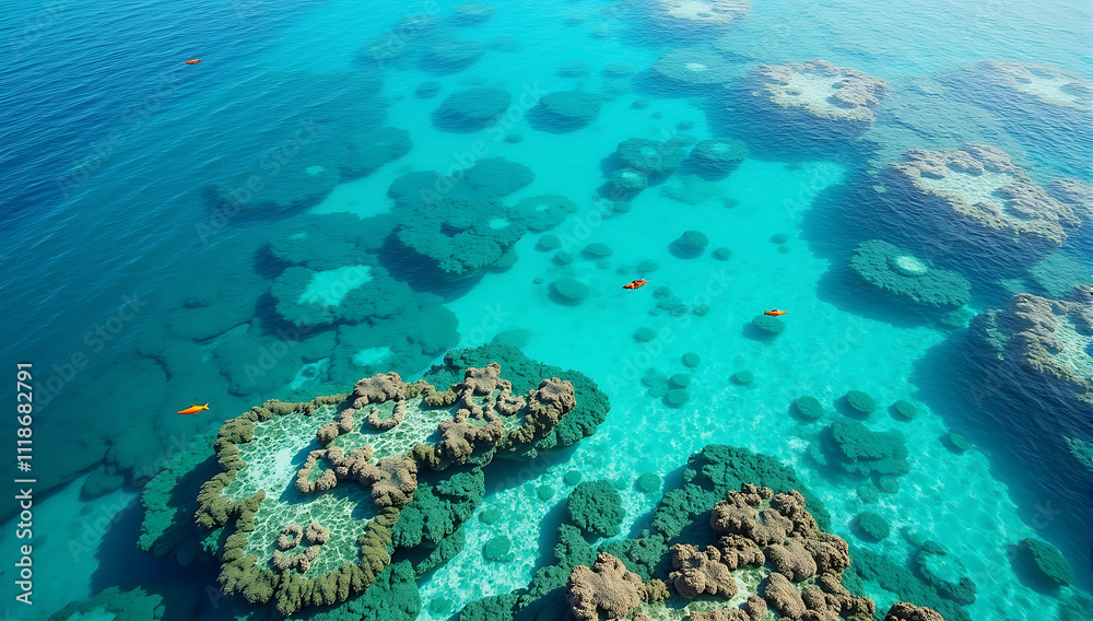 Fototapeta premium Aerial view of crystal-clear ocean waters revealing colorful coral reefs and marine life beneath the surface.