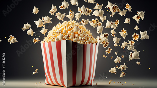 Paper bag with cinema popcorn flying in the air on pastel gradient background.