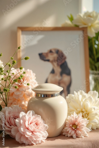 Pet memorial urn with flowers and framed dog portrait