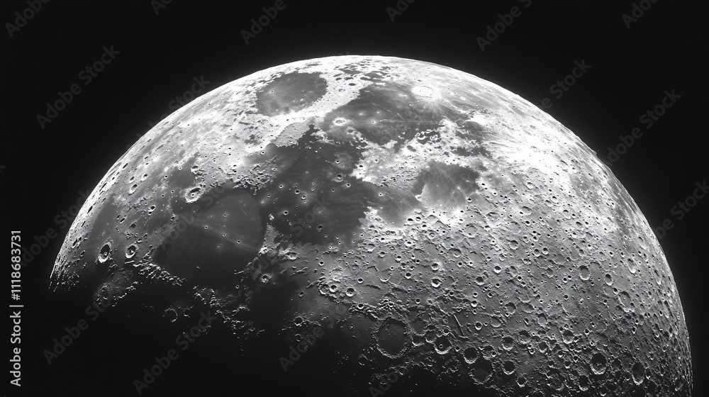 Detailed grayscale close-up of the moon's surface, showcasing craters and textures. Detailed grayscale close-up of the moon's surface, showcasing craters and textures.