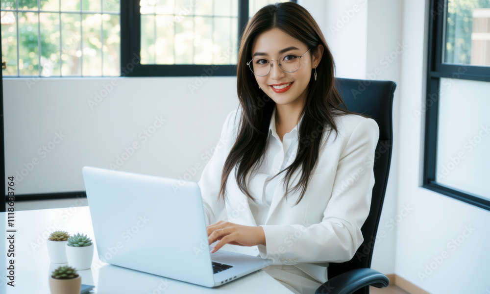 business woman sitting at table with laptop, smiling confidently in modern office setting. She wears glasses and white suit, surrounded by small plants business woman sitting at table with laptop, smiling confidently in modern office setting. She wears glasses and white suit, surrounded by small plants