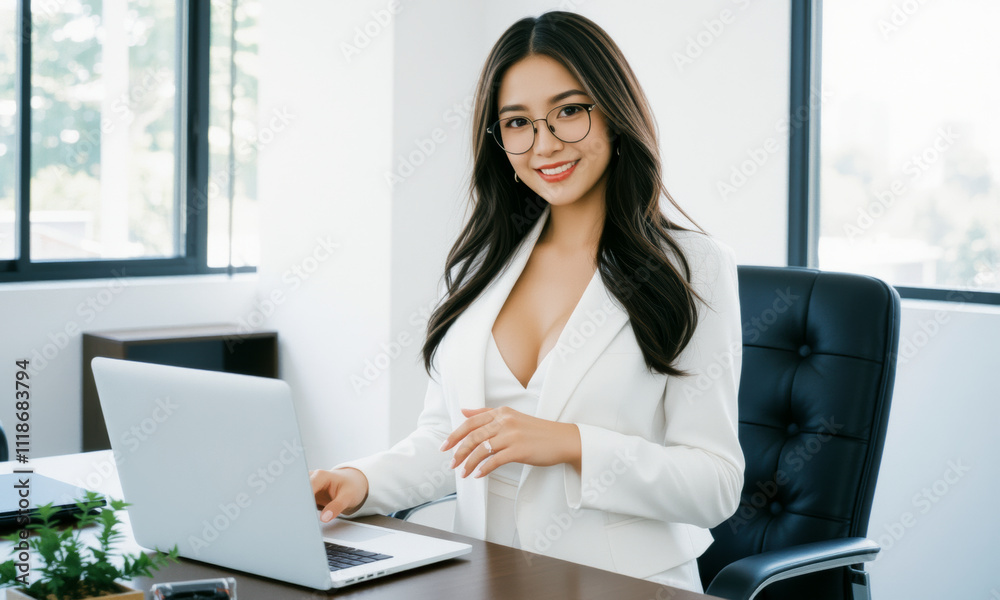 business woman sitting at desk with laptop, smiling confidently in modern office setting. Her professional attire and bright environment create positive atmosphere business woman sitting at desk with laptop, smiling confidently in modern office setting. Her professional attire and bright environment create positive atmosphere