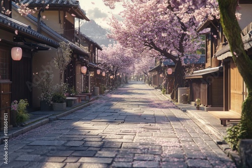 Cherry blossom lined street in a quiet traditional town. Generative AI