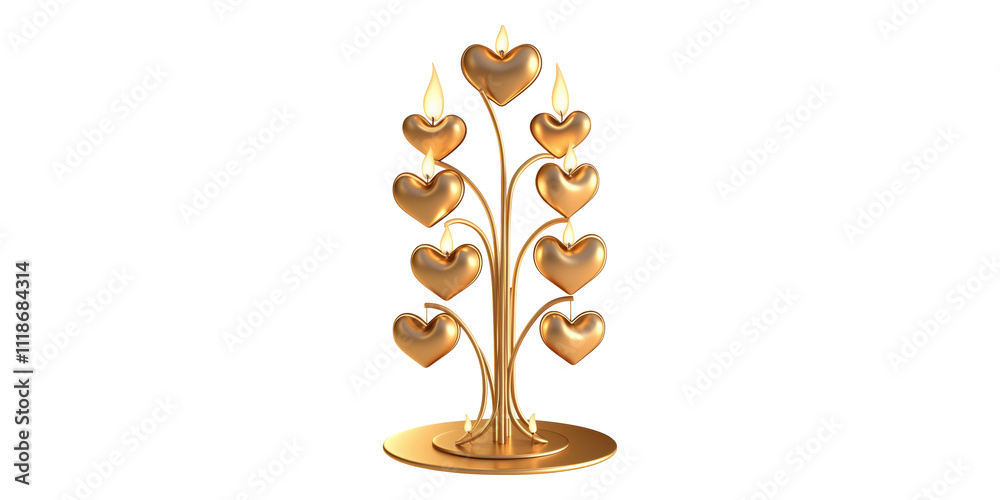 Golden heart shaped candle holder with flames isolated on transparent background
