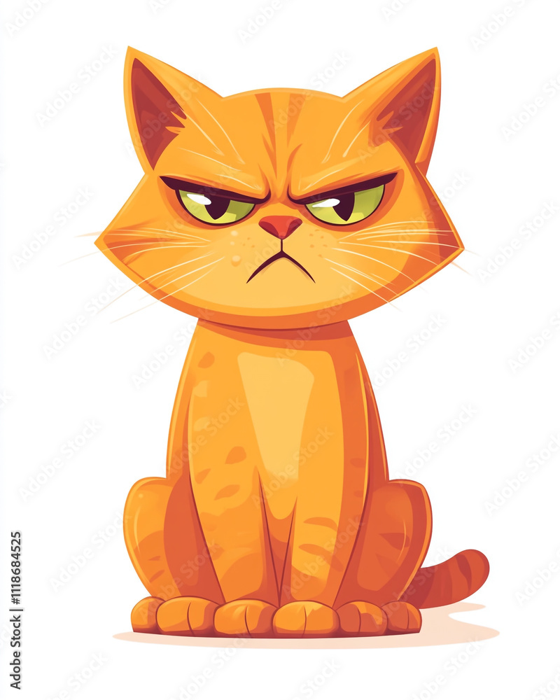 Obraz premium A cute cartoon illustration of an orange cat sitting down with a grumpy expression on its face.