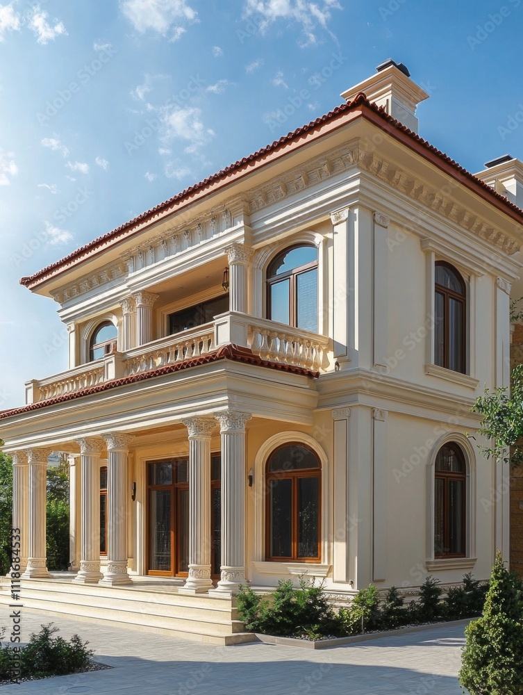 Elegant mediterranean-style villa with red roof and classical columns on a sunny day Elegant mediterranean-style villa with red roof and classical columns on a sunny day