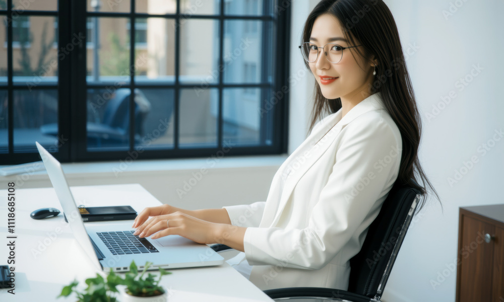 business woman sitting at desk with laptop, wearing glasses, and smiling. modern office setting features large windows and small plant business woman sitting at desk with laptop, wearing glasses, and smiling. modern office setting features large windows and small plant