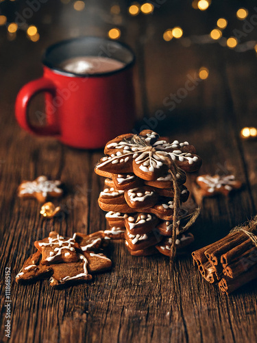 Ein festliches vertikales Arrangement mit weihnachtlichen Leckereien: gestapelte Lebkuchen, mit Schnur gebundene Zimtstangen und eine dampfende Tasse mit heißer Schokolade auf einer rusrated Image photo