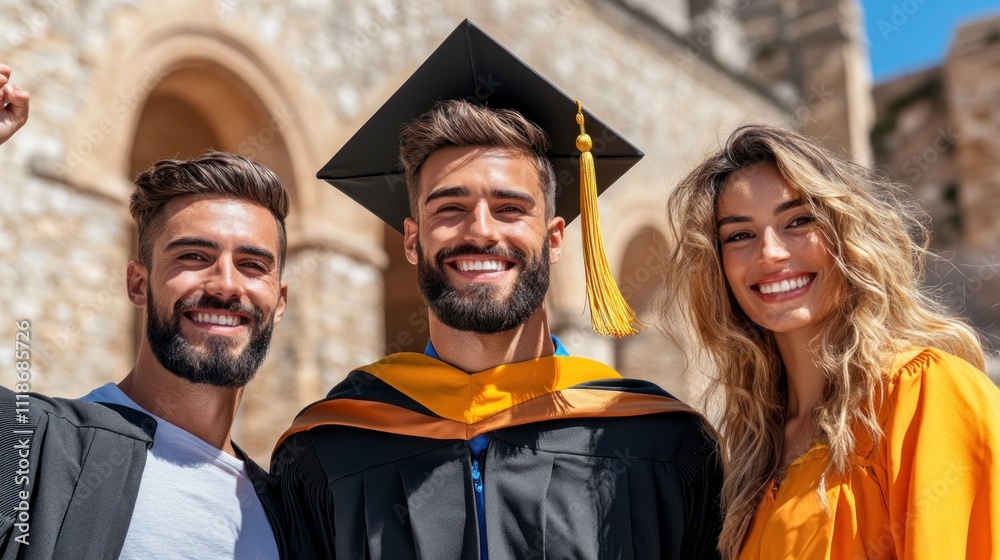 Three friends celebrate a graduation day at a historic university ...