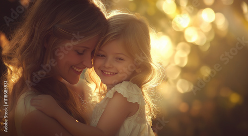 Um momento terno capturado de uma mãe abraçando sua filha sorridente, simbolizando amor, cuidado e calor familiar em um ambiente aconchegante e natural. photo