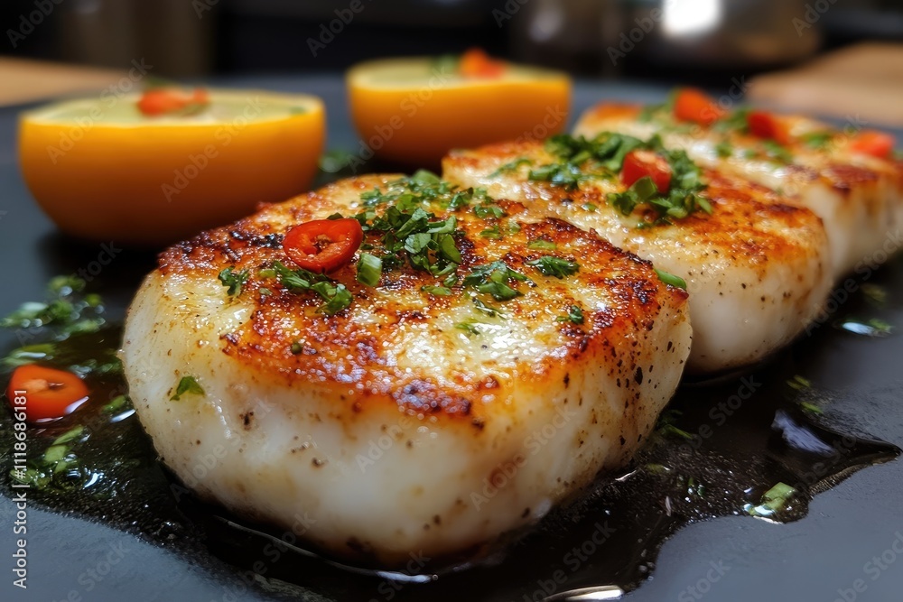 Seared scallops with lemon and chili flakes on black plate Seared scallops with lemon and chili flakes on black plate