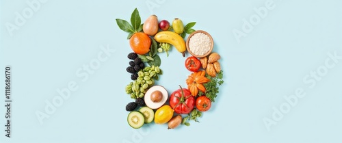 Colorful fruits and vegetables arranged in vitamin D shape
