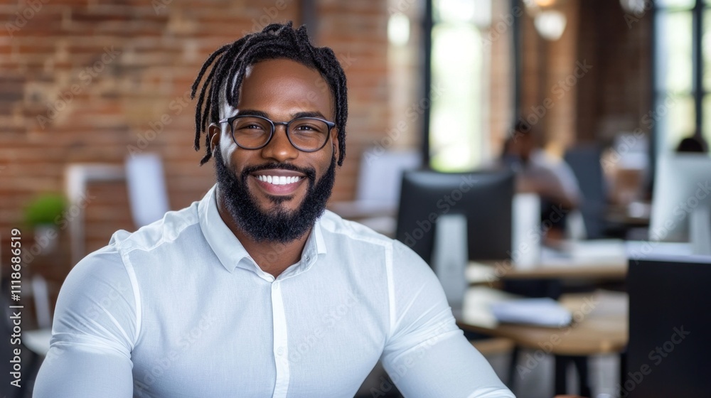 Obraz premium confident man with glasses smiles warmly as he sits at a desk in a stylish office. Natural light floods the space, enhancing the vibrant atmosphere of productivity and teamwork