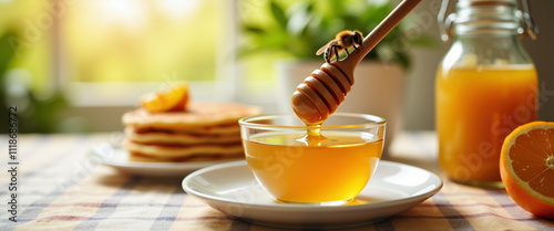 Honey dripping into bowl with pancakes and orange juice photo