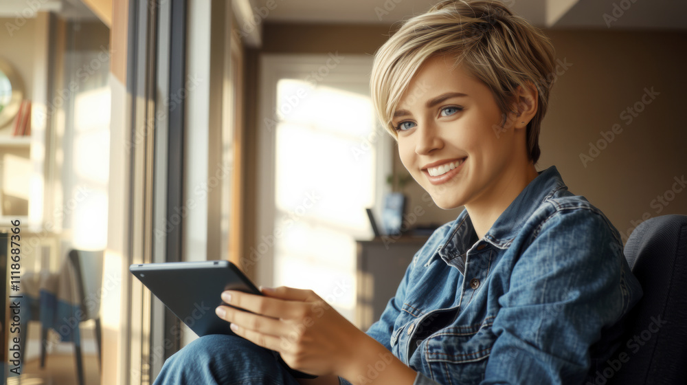 woman with short hair smiles while using tablet computer in cozy coffee shop. warm lighting creates relaxed atmosphere, perfect for enjoying moment of leisure woman with short hair smiles while using tablet computer in cozy coffee shop. warm lighting creates relaxed atmosphere, perfect for enjoying moment of leisure