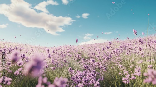 Serene lavender field under a bright sky.