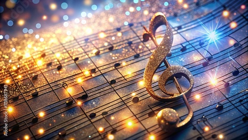 A music sheet paper with 3D glitter musical notes placed on a stave and staff. The design combines artistic elements with a touch of sparkle, creating a lively and dynamic visual for music lovers.