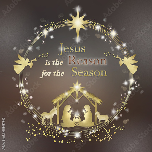  '' Jesus is a reason for the season ''   Christmas golden wreath with nativity scene Mary and Joseph  with new born baby Jesus against mocha-grey colors background. Free copy space for short message.