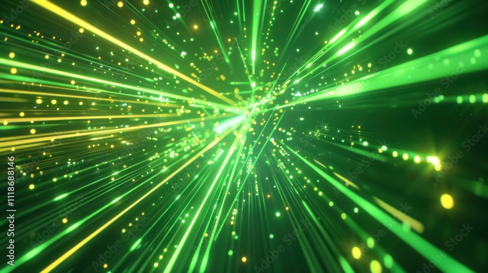 Fototapeta premium Abstract background with green light rays and yellow glow, representing speed of space time tunnel or energy flash.