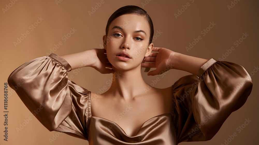Sophisticated portrait of a woman wearing a bronze satin off-shoulder gown with puffed sleeves, styled elegantly with a neutral background and warm lighting.
Sophisticated portrait of a woman wearing a bronze satin off-shoulder gown with puffed sleeves, styled elegantly with a neutral background and warm lighting.