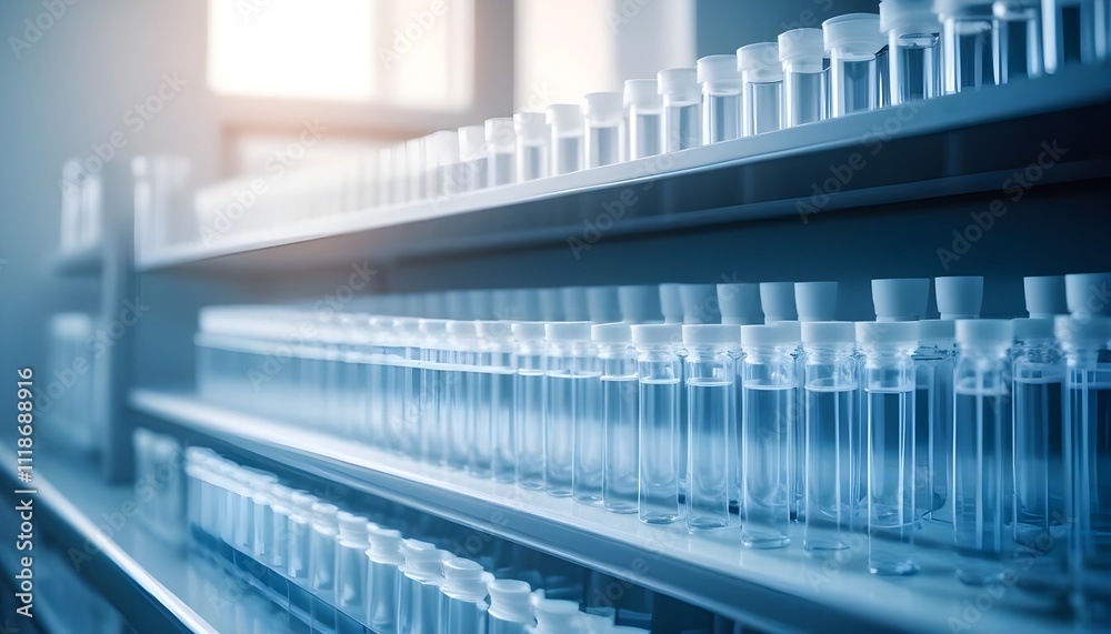 Rows of clear glass vials or test tubes filled with a transparent liquid, likely a scientific or medical sample, on a laboratory shelf or rack