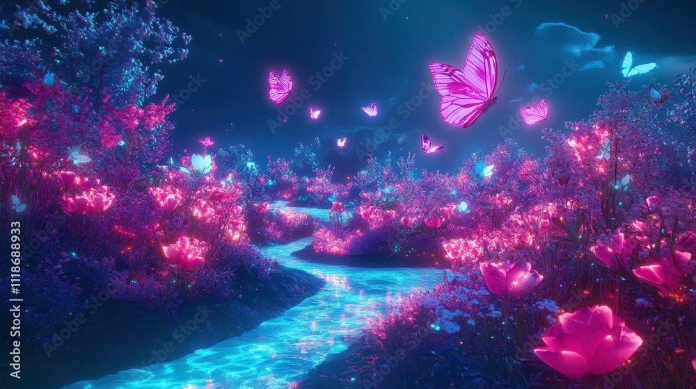 Fototapeta premium A vibrant, dreamlike landscape with glowing flowers and butterflies by a shimmering stream.