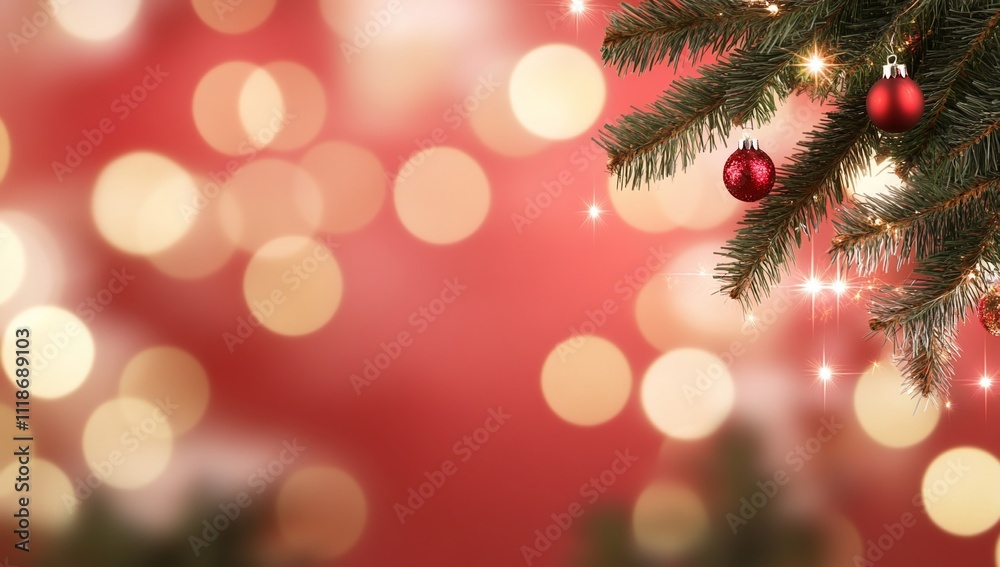 A festive close-up of Christmas tree branches with ornaments and bokeh. A festive close-up of Christmas tree branches with ornaments and bokeh.