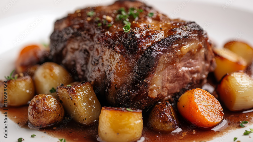 Succulent beef roast with glazed vegetables. Succulent beef roast with glazed vegetables.