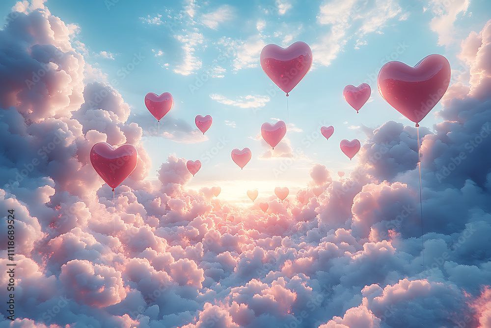 A Valentine’s Day design featuring heart-shaped balloons floating in a serene blue sky, symbolizing love, joy, and celebration of romance.  

