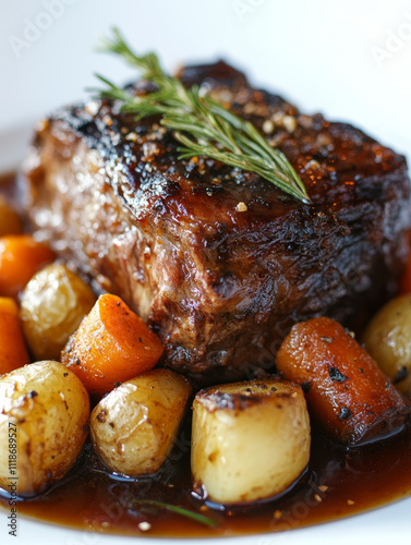 Roast beef with potatoes and carrots in sauce. photo