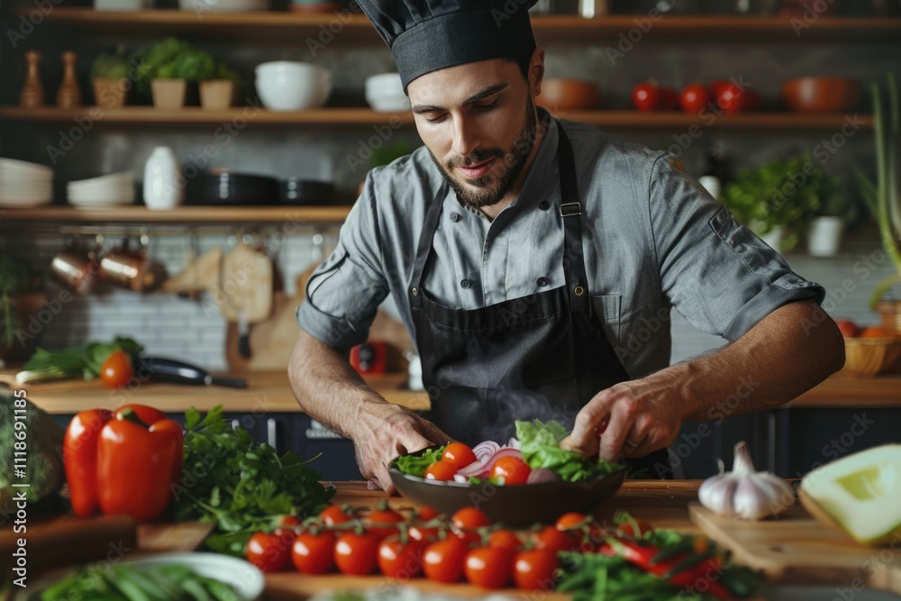 Chef cook preparing vegetables in his kitchen. Chef cook preparing vegetables in his kitchen.