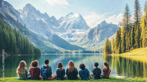 Group of young students enjoying breathtaking mountain lake view during school trip photo