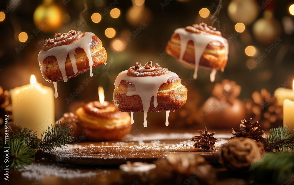 Cinnamon Roll Delight Cinnamon rolls flying mid-air with icing dripping, set against a cozy winter bakery with warm candlelight and holiday dÃ?cor Cinnamon Roll Delight Cinnamon rolls flying mid-air with icing dripping, set against a cozy winter bakery with warm candlelight and holiday dÃ?cor
