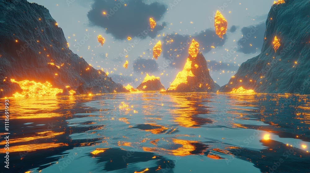 A surreal landscape featuring glowing lava and floating rocks over a reflective water surface.