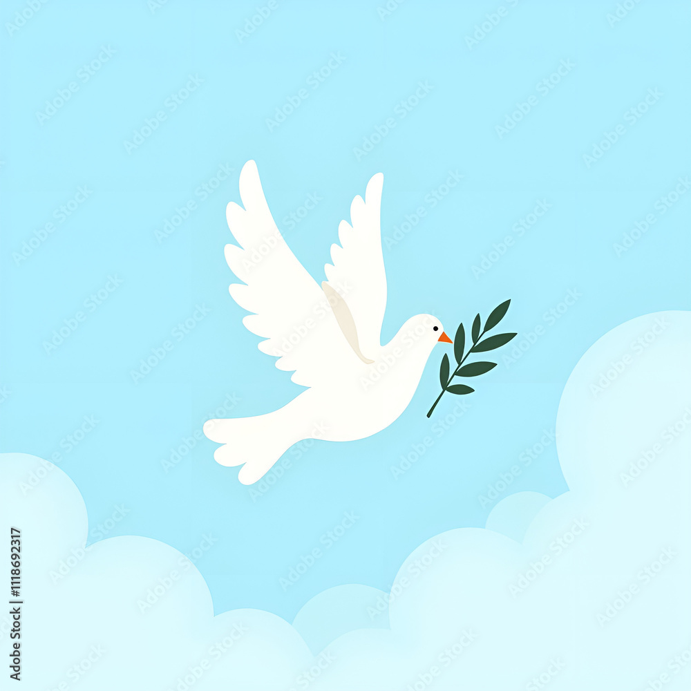Obraz premium White dove, peaceful, flying with an olive branch in a clear blue sky 