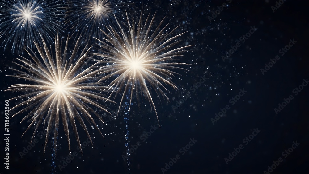 Festive fireworks bursts of gold and silver against a dark night sky.
Festive fireworks bursts of gold and silver against a dark night sky.