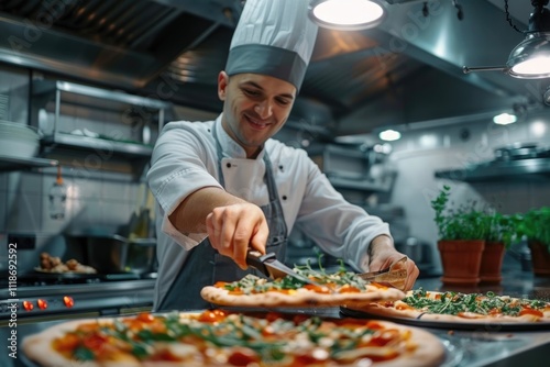 Young chef prepares traditional Italian pizza in modern restaurant kitchen.