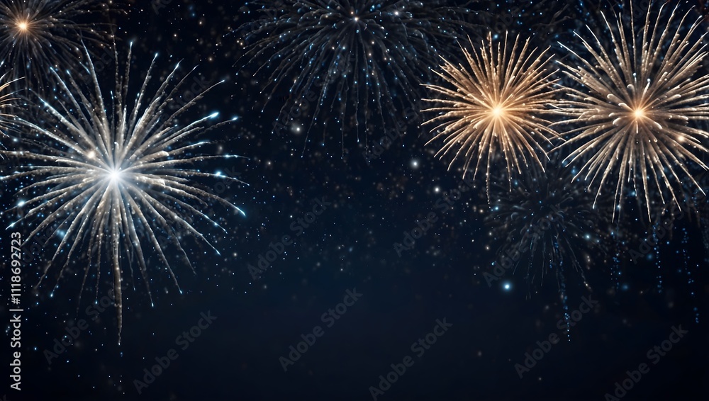 Bright fireworks, silver and gold, explode against a dark night sky.
Bright fireworks, silver and gold, explode against a dark night sky.