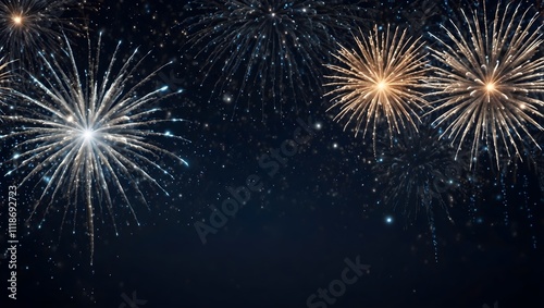 Bright fireworks, silver and gold, explode against a dark night sky.

