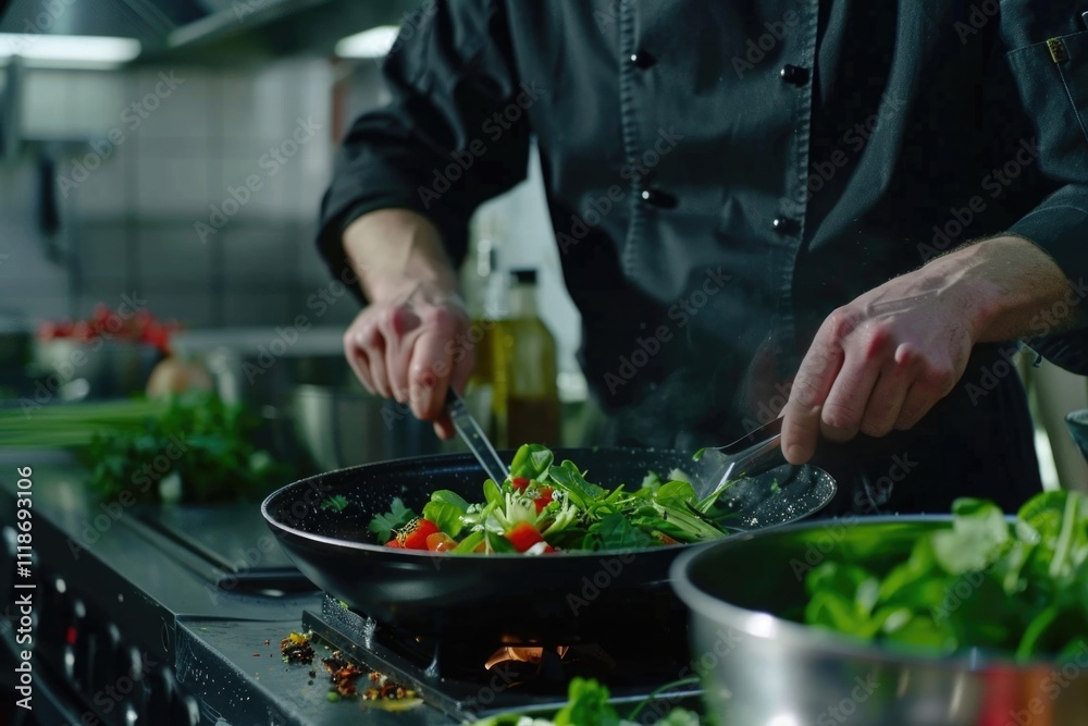 Male chef preparing salad in kitchen. Gourmet chef making delicious dish in restaurant kitchen. Male chef preparing salad in kitchen. Gourmet chef making delicious dish in restaurant kitchen.