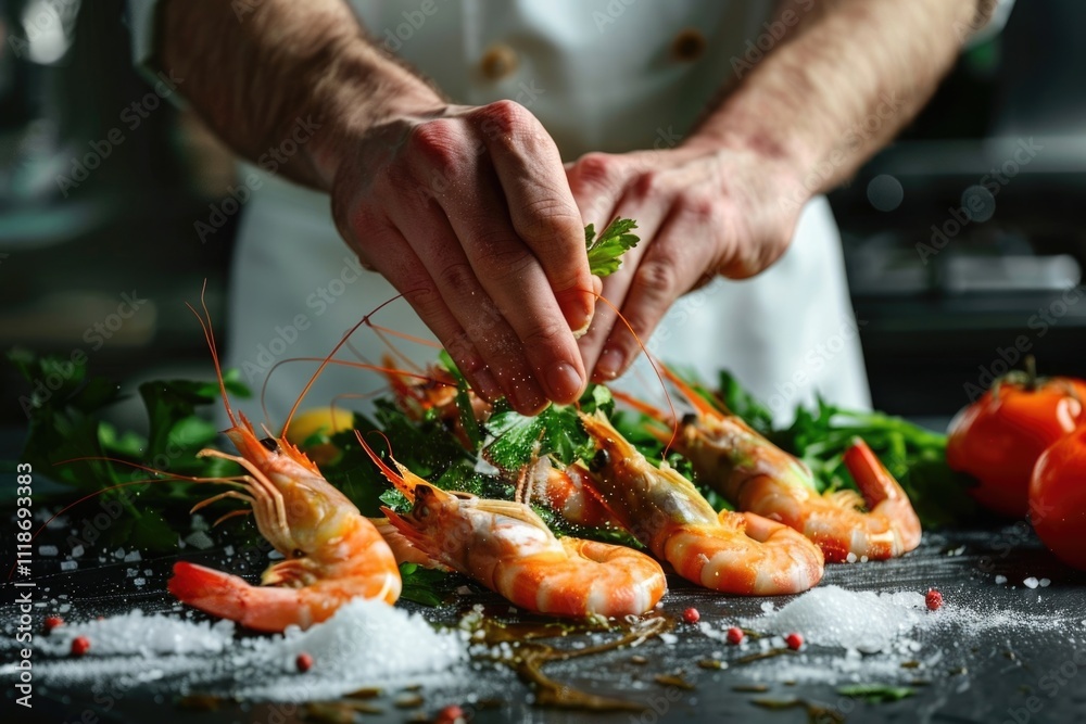 Professional chef cooks shrimp with greens on dark background.