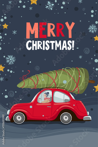 Red car with Christmas tree, Merry Christmas greeting card