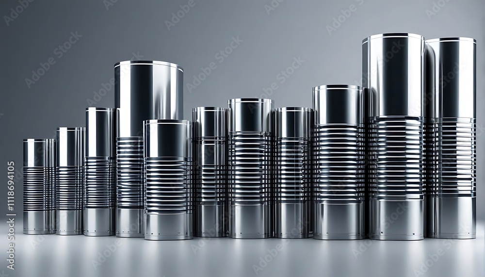 Obraz premium Futuristic Cylinder Stack: Metallic cylinders stacked on grey background.
