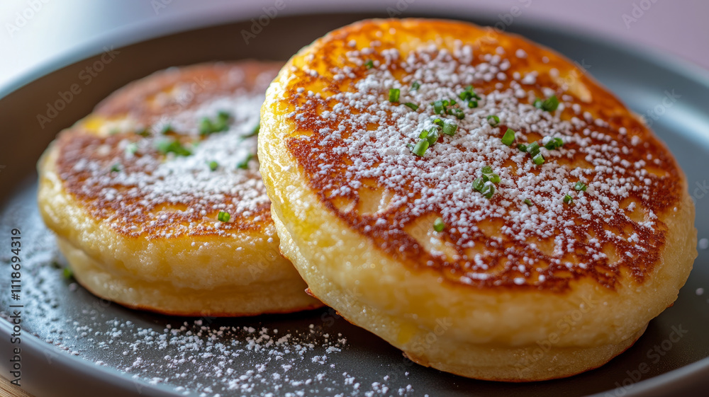 Two pancakes with chives and powdered sugar on a plate Two pancakes with chives and powdered sugar on a plate
